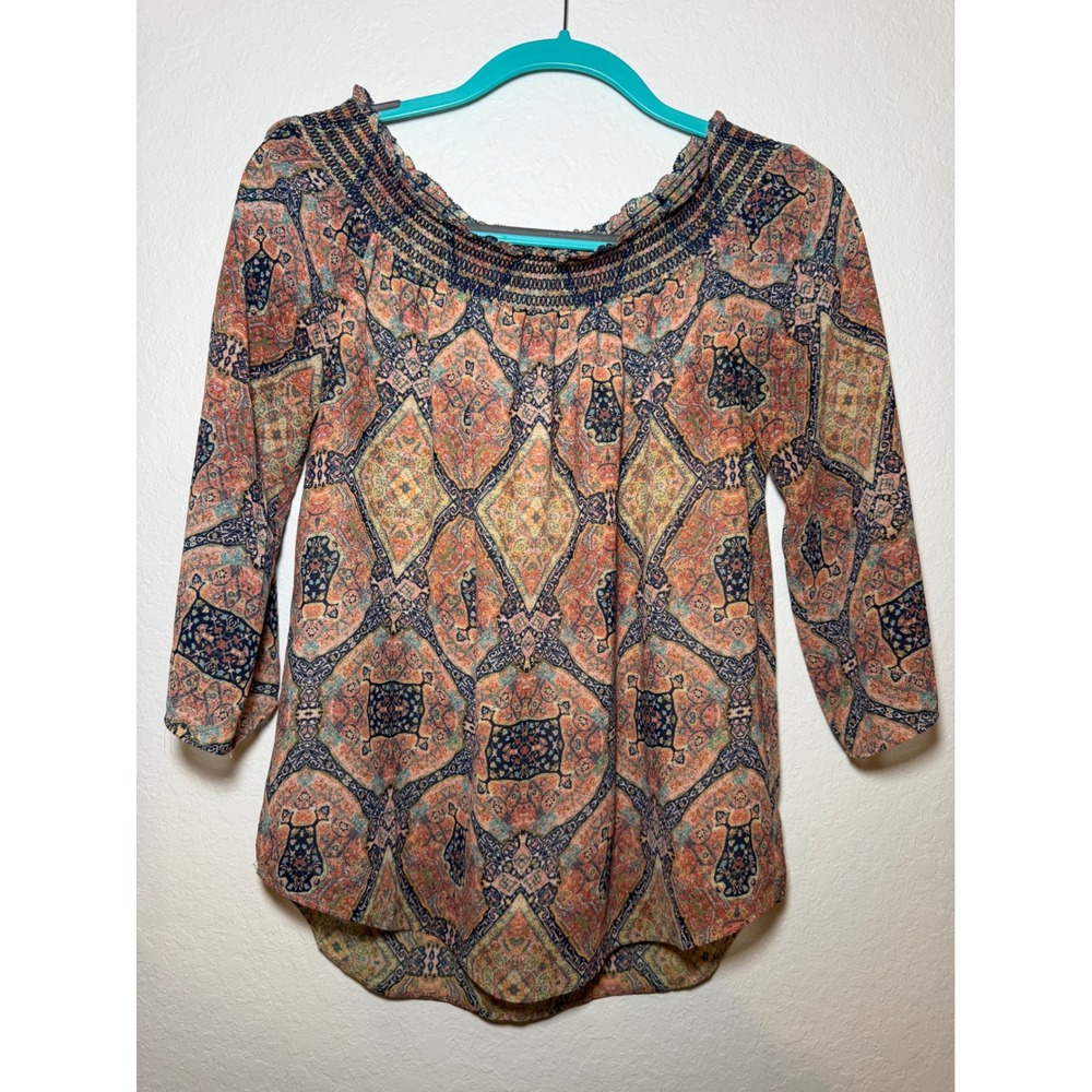 Rose + Olive Womens Small Paisley Smocked Off Shoulder Bell Sleeve Blouse Top